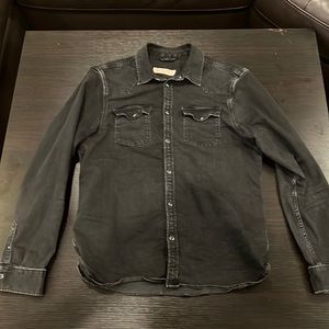 All Saints Men’s Western Denim Black Button Down Shirt Large Pearl Snap